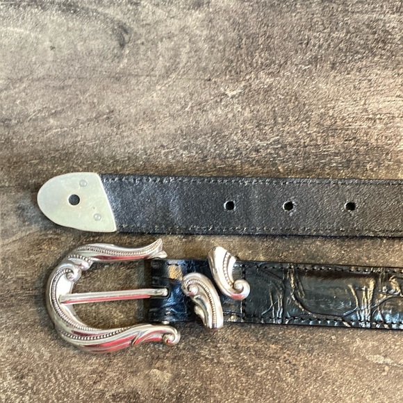 BRIGHTON Womens Croc Embossed Black Leather‎ Allegro Swirl Belt Size M #24503 - Picture 1 of 11